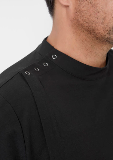 A black men's jacket featuring eyelet details on the shoulder, designed for a contemporary look.