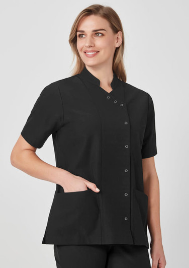 A black women's essence jacket with short sleeves and pockets, featuring a sleek design and a logo.