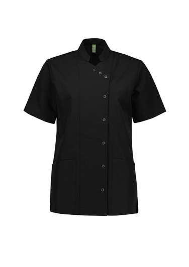 A black women's essence jacket featuring short sleeves, a snap button closure, and two front pockets.