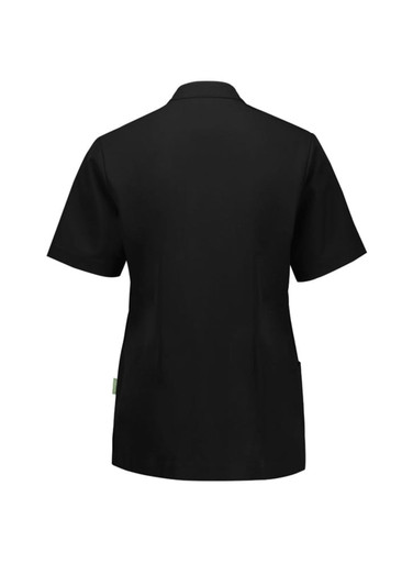 A black women's jacket with short sleeves and a tailored design, featuring side pockets and a logo.