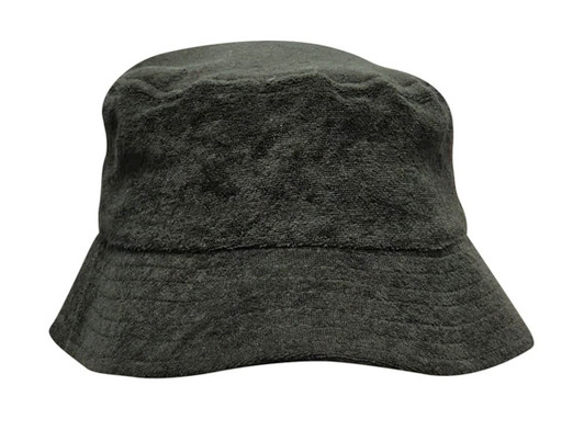 A dark green terry towelling bucket hat with a wide brim and a soft texture. Features branding on the side.