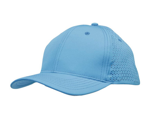 A blue sports cap featuring ripstop twill fabric and triangle perforations on the sides, with a curved brim and a logo.