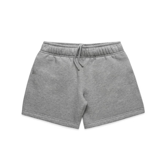 Grey track shorts with an elastic waistband and a logo. Designed for kids, featuring a relaxed fit.
