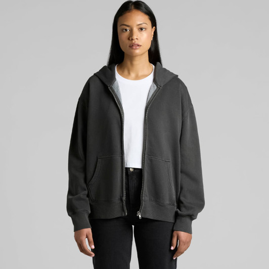 A faded black zip hoodie with a grey lining and front pockets. The model is wearing it with a white t-shirt and black jeans.