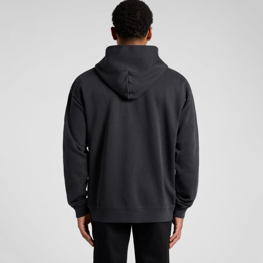 A black zip-up hoodie featuring a hood, displayed from the back, with a simple design and a logo.