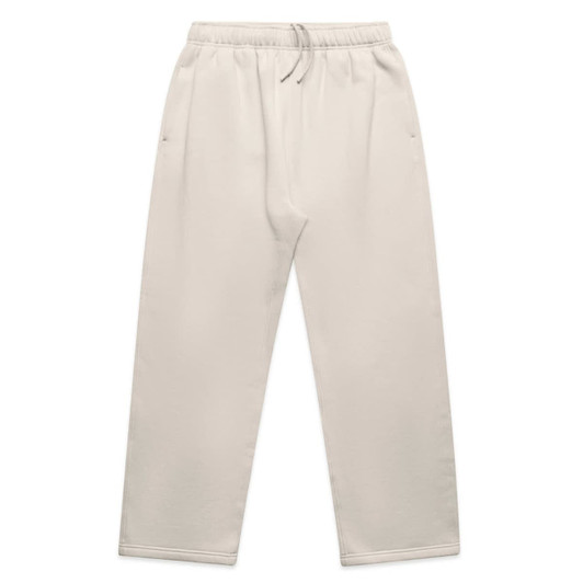 Relaxed cuffless track pants in a light beige colour with an elastic waistband and two side pockets.