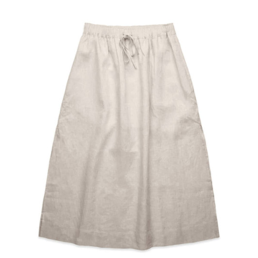 A light beige linen skirt with an elastic waistband and drawstring detail. It has a simple, flowing design.