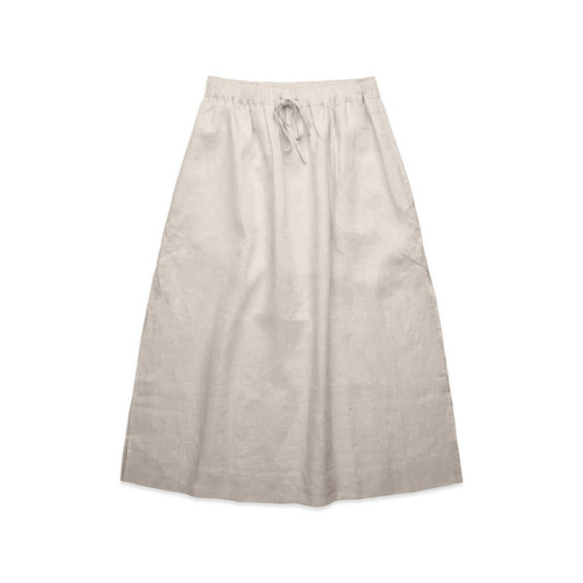 A linen skirt in a light beige colour with an elastic waistband and drawstring detail. It has a simple, elegant design.