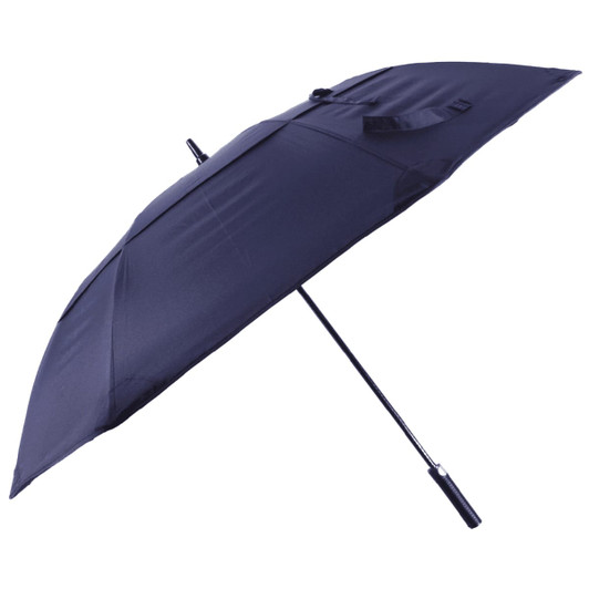 A navy blue vented tipless golf umbrella with a sturdy handle and a logo.