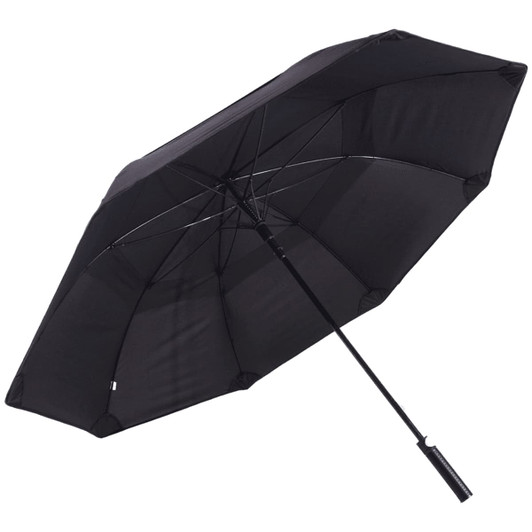 A black vented tipless golf umbrella with a sturdy handle and multiple canopy ribs for durability.