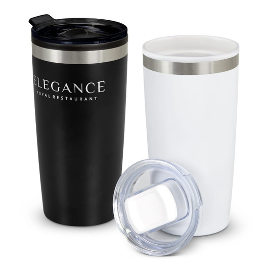 A double wall cup in black and white with a stainless steel rim and a clear lid, displaying a logo.