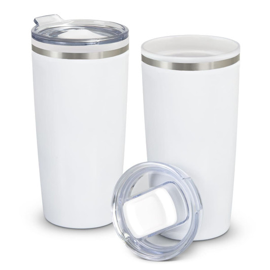 A white double wall travel mug with a clear lid and stainless steel band. Two mugs are displayed.
