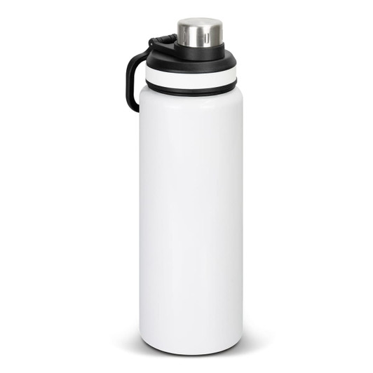 A drink bottle in white, featuring a black lid and handle. It has a shiny silver cap and a minimalist design.