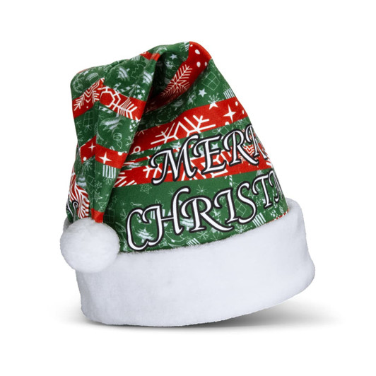 A festive Santa hat in red and green with white trim and a pom-pom, featuring holiday designs and lettering.