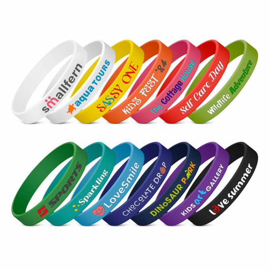 A collection of colourful silicone wristbands in various shades, featuring different logos and text designs.