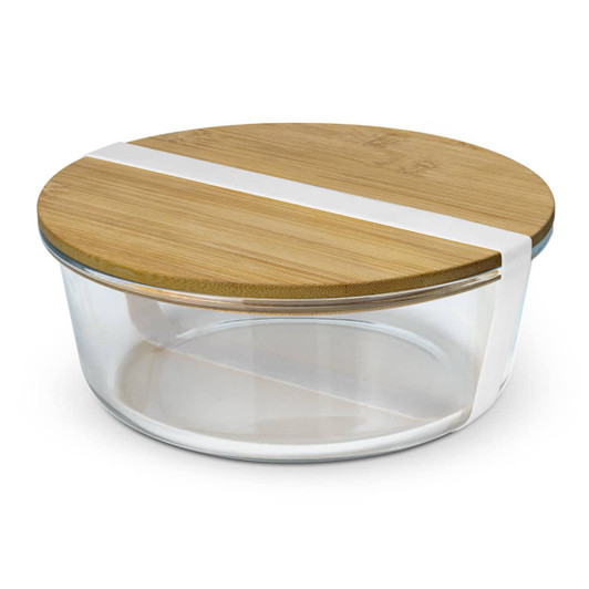 A glass food container with a bamboo lid and a white band, featuring a clear body and rounded design.