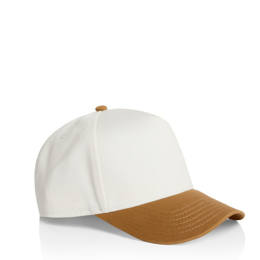 A two-tone cap featuring a white crown and a brown brim, complete with a logo.