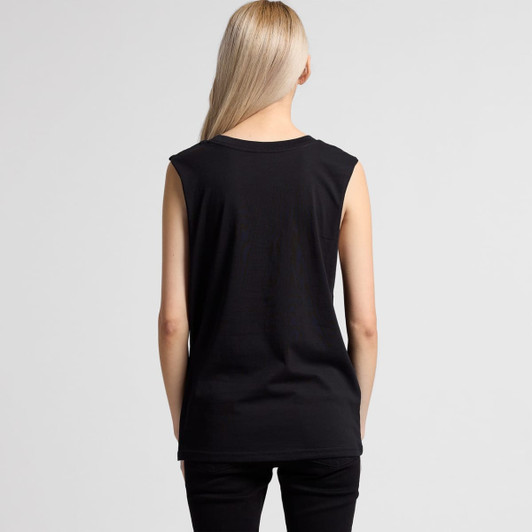 A black sleeveless tank top is displayed from the back, featuring a simple design and a logo.