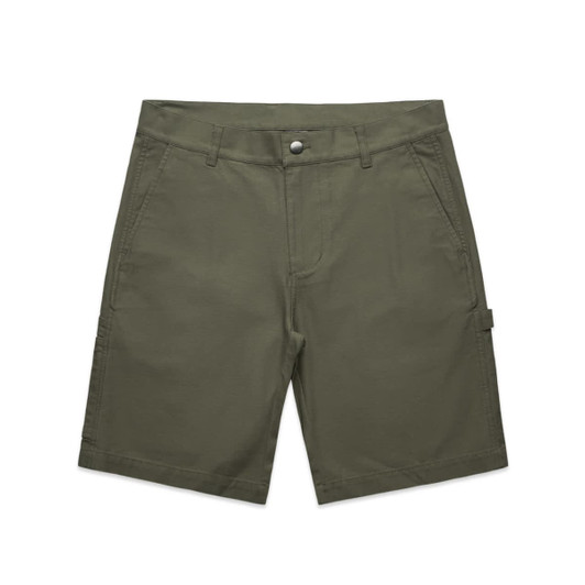 Utility shorts in olive green with a logo, featuring pockets and a classic fit. Suitable for casual wear.