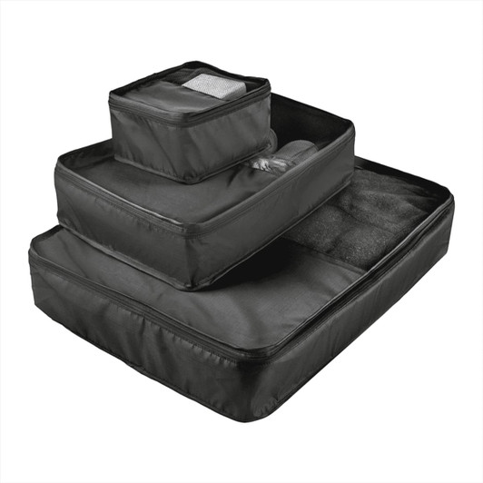 A set of three black packing cubes in various sizes, featuring mesh and zippered compartments.