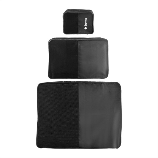 A set of three packing cubes in black, featuring a mix of smooth and mesh fabric. One cube is smaller and stacked above the others.