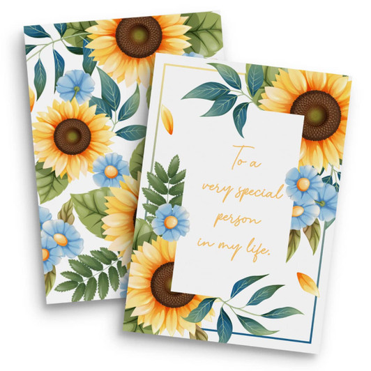 A4 message card featuring floral designs with sunflowers and blue flowers on a white background.