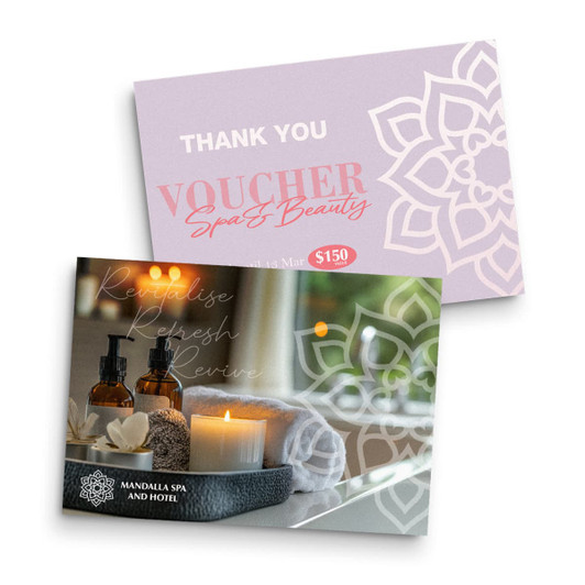 A6 message card featuring a lavender background with spa imagery, including candles and essential oils, and a logo.