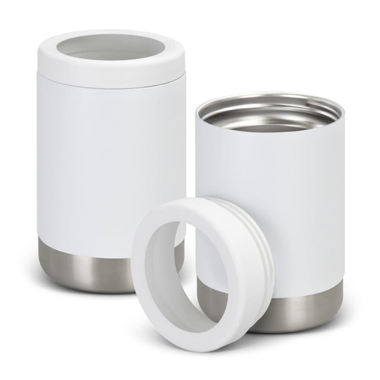 A drink bottle and cooler in white with a stainless steel base; features a lid and branding detail.
