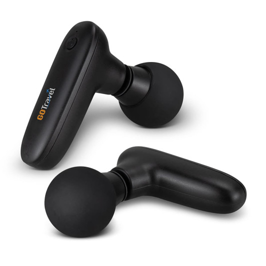 A compact handheld massager in black, featuring a rounded head and a curved handle. Includes a logo.
