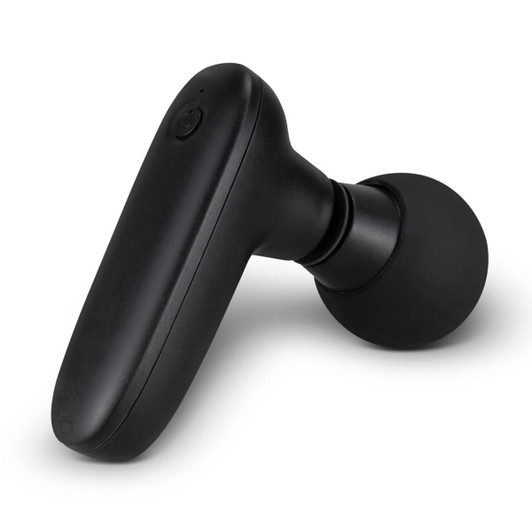 A compact handheld massager in black with a spherical massage head and an ergonomic handle.