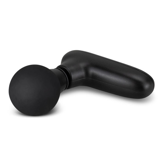 A compact handheld massager in black, featuring a round applicator and an ergonomic handle. It has a simple design and includes a logo.