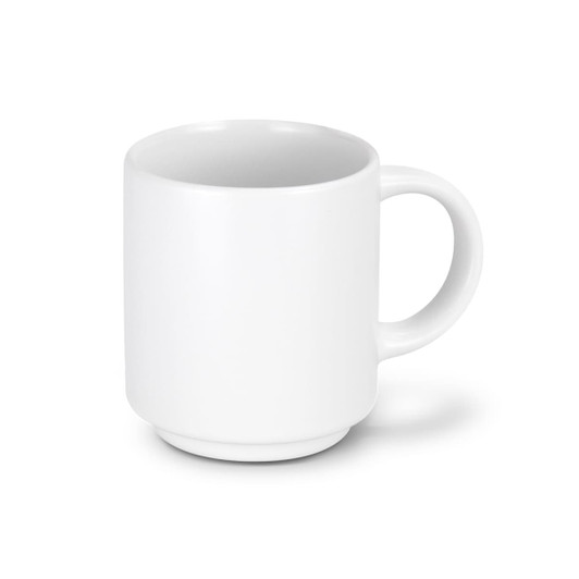 A stackable white coffee mug with a smooth finish and a rounded handle, featuring a simple design with a branding logo.