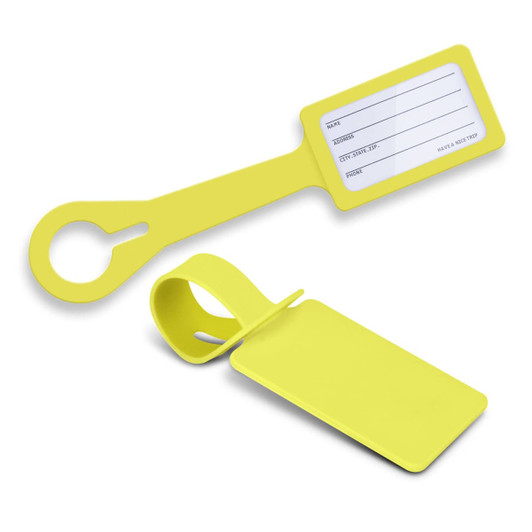 A bright yellow silicone luggage tag with a slot for personal information and a circular attachment loop.