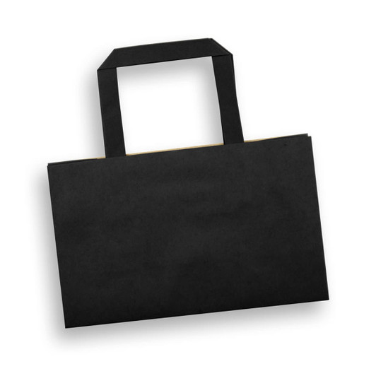 A small flat handle paper bag in black, featuring a landscape orientation and sturdy handles.