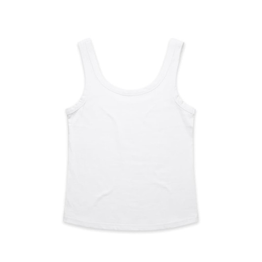 A white singlet with a scoop neckline, featuring a brand logo. The fabric appears soft and lightweight.