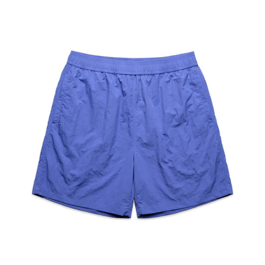 A pair of purple swim shorts with an elastic waistband and a logo.