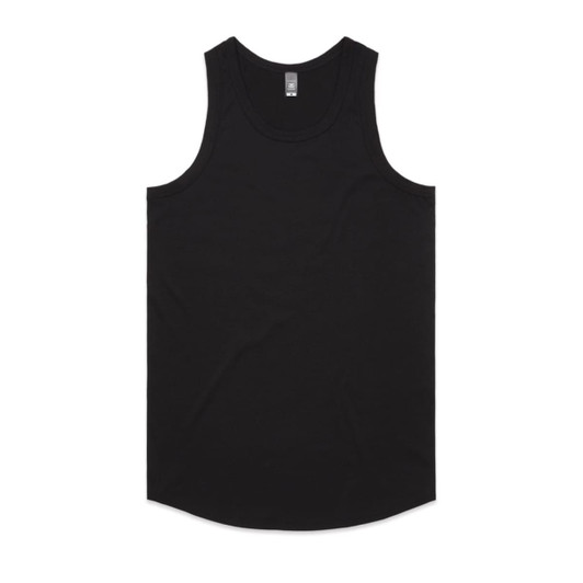 A black singlet with a rounded hem, featuring a label and no visible designs or patterns.