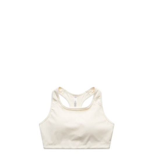 A cream-coloured sports crop top with a racerback design and a branding logo.