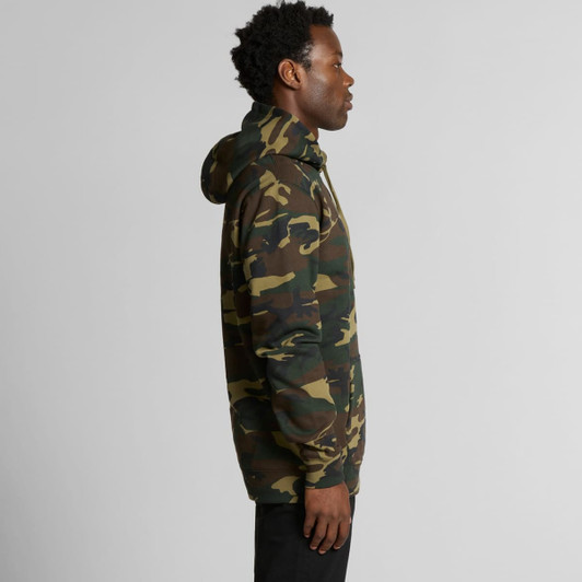 A camouflage hoodie in shades of green and brown, featuring a hood and a side view of a model.
