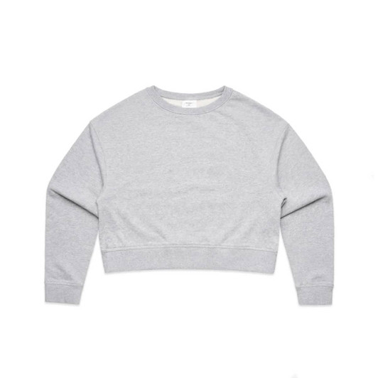 A grey cropped sweater with long sleeves, featuring a simple design and a logo on the label.