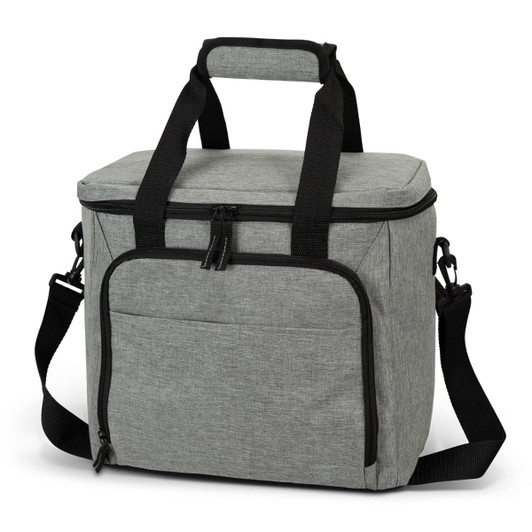 A grey cooler bag with dual handles, a shoulder strap, and a front pocket. It features a logo on the side.