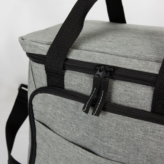 A grey Sawyer cooler bag with double zippers and black straps, featuring a textured fabric surface.