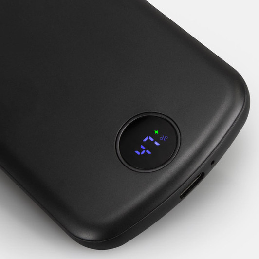 A black wireless charging power bank featuring a battery percentage display and a logo.