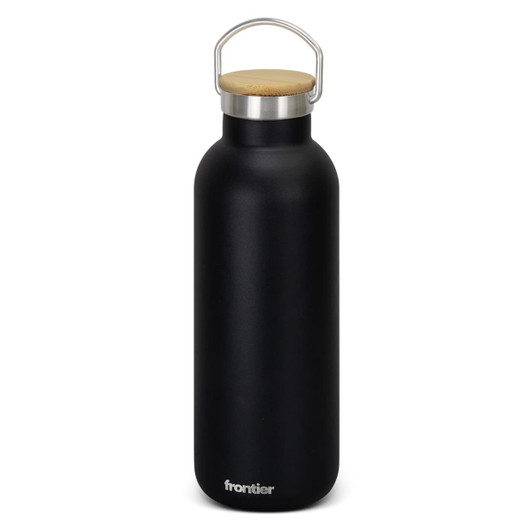 A drink bottle in matte black with a bamboo lid and a metal handle, featuring a logo at the base.