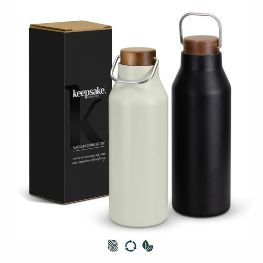 A drink bottle set featuring a cream and a black vacuum cork bottle, accompanied by a simple box with a logo.