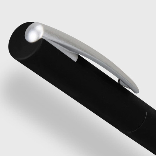 A black metal pen with a silver clip, featuring a sleek and modern design. It has a logo on the side.