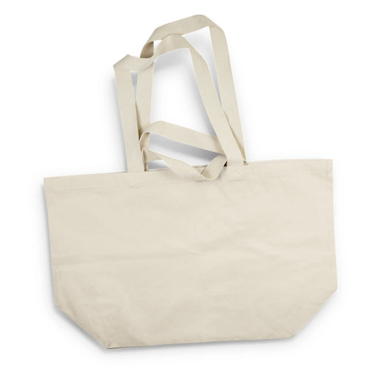 A large, beige tote bag with two long handles and a spacious interior. It features a simple design and has a logo.