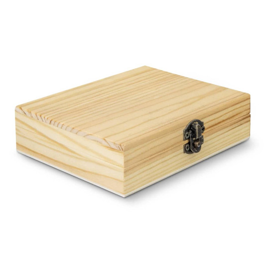 A wooden box with a natural finish and metal clasp, suitable for storing whiskey stones or similar items.