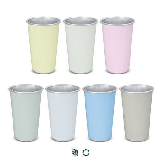A set of colour-changing cups in pastel yellow, green, pink, blue, and grey with a metallic finish. Each cup has a logo.