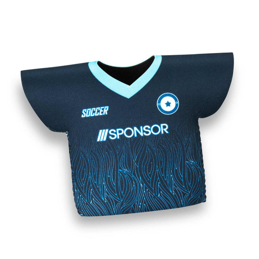 A drink bottle cooler in the shape of a black soccer jersey with a blue design and a logo.